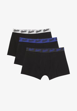 Musta alushousupaketti kolmen kappaleen setti, jossa on valkoiset ja siniset joustovyötäröt logopainatuksin, valmistettu pehmeästä puuvillamateriaalista.