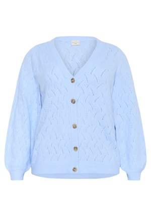 Light blue knitted cardigan with a V-neck, featuring a wave pattern, long sleeves, and five brown buttons down the front.