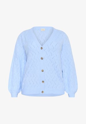 Himmelblauer Strickcardigan mit V-Ausschnitt, mit Wellenmuster, langen Ärmeln und fünf braunen Knöpfen auf der Vorderseite.