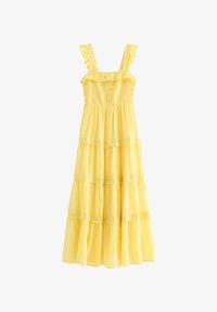 Vestido de verano amarillo sin mangas con tirantes fruncidos, cuerpo fruncido y falda de volantes con detalle de encaje.