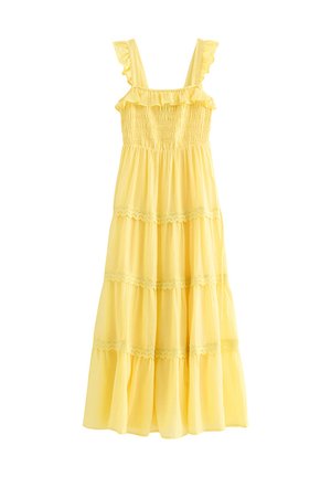 Gele mouwloze zomerjurk met gerimpelde bandjes, een geplooid lijfje en een gelaagde rok met kanten rand.
