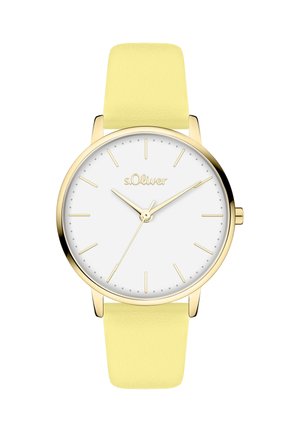 Runde Armbanduhr mit weißem Zifferblatt, goldfarbenen Zeigern und Markierungen. Ausgestattet mit einem hellgelben Lederarmband und einer goldfarbenen Lünette.