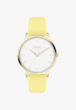 Round wristwatch with a white dial, gold-tone hands, and markers. Features a light yellow leather strap and a gold bezel.