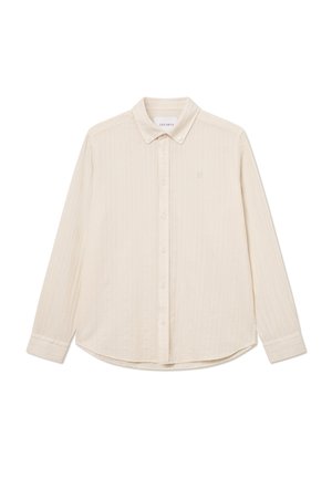 Camicia button-up a maniche lunghe color crema con tessuto testurizzato, colletto a punta e orlo arrotondato. Presenta un logo discreto sul petto.