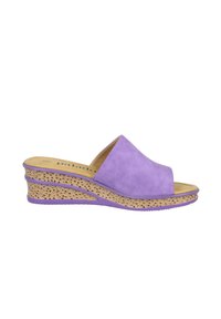 Purple suede wedge sandal with an open toe, featuring a cork-textured platform and contrasting purple sole. Smooth texture.