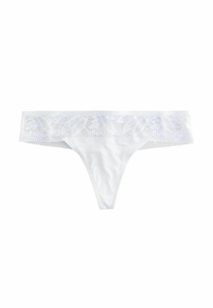 Vita stringtrosa med ett brett midjeband av spets som har blommönster. Mjuk tygkvalitet med en slät yta och sömlös design.