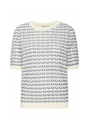 Megzta palaidinė trumpomis rankovėmis, balta su tamsiai mėlyna bangų raštu. Apvalus iškirpimas ir megztas apvadas, minkšta tekstūra.