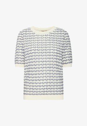 Kootud sviiter lühikeste varrukatega, millel on valge taust ja tumehallide lainemuster. Ümmargune kaelus ja soonikkoes serv, pehme tekstuur.