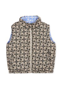 Bezrękawnik w kolorze piaskowym z czarnym geometrycznym wzorem i niebieską podszewką, z kołnierzem stojącym, zamkiem błyskawicznym i bocznymi kieszeniami.
