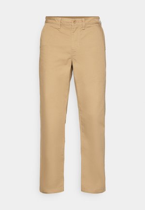 Khaki pants made from cotton-blend fabric, featuring a straight leg design, button closure, belt loops, and no visible patterns or accents.