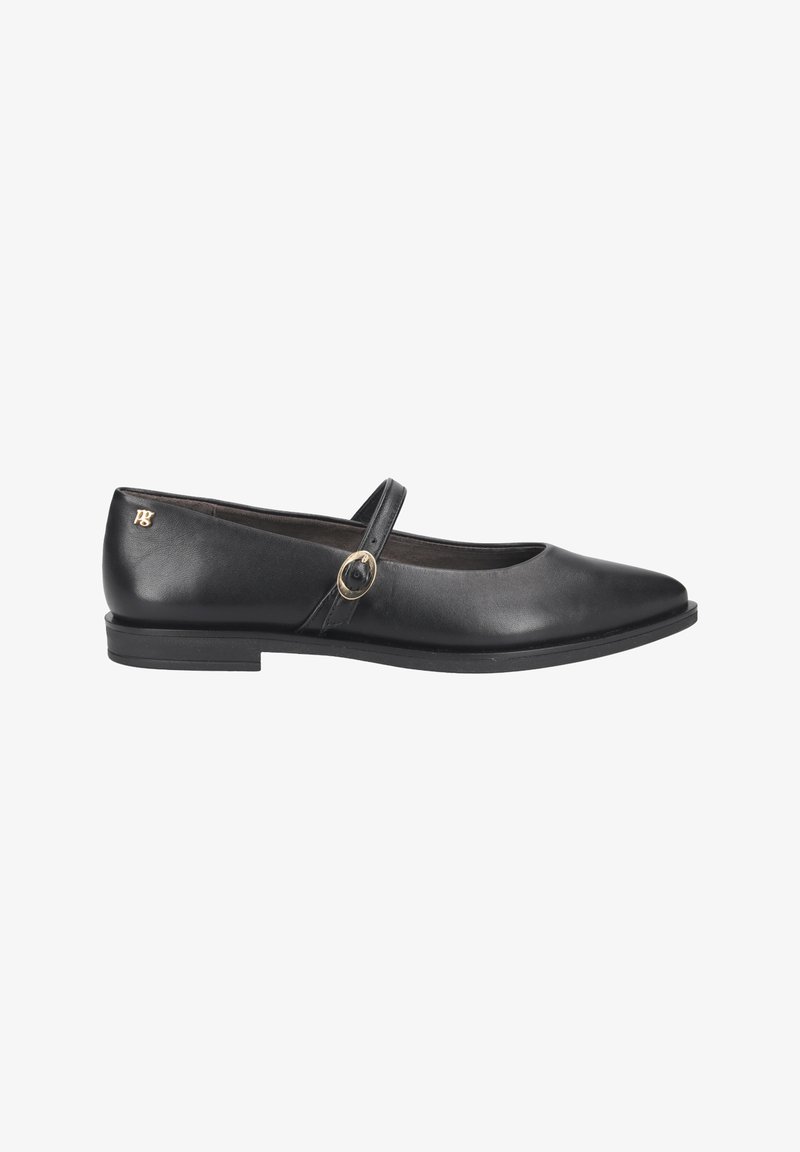Chaussure plate Mary Jane en cuir noir avec une fine bride et une boucle dorée sur le côté, avec un petit logo doré près du talon.