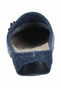 Dark blue felt slipper with a soft interior, round opening, black rubber sole, and decorative accents at the back.