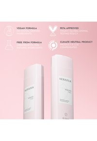 Due flaconi di shampoo KERASILK Bodified Full rosa pallido con testo e icone che evidenziano caratteristiche vegane, naturali, approvate da PETA e neutre dal punto di vista climatico.