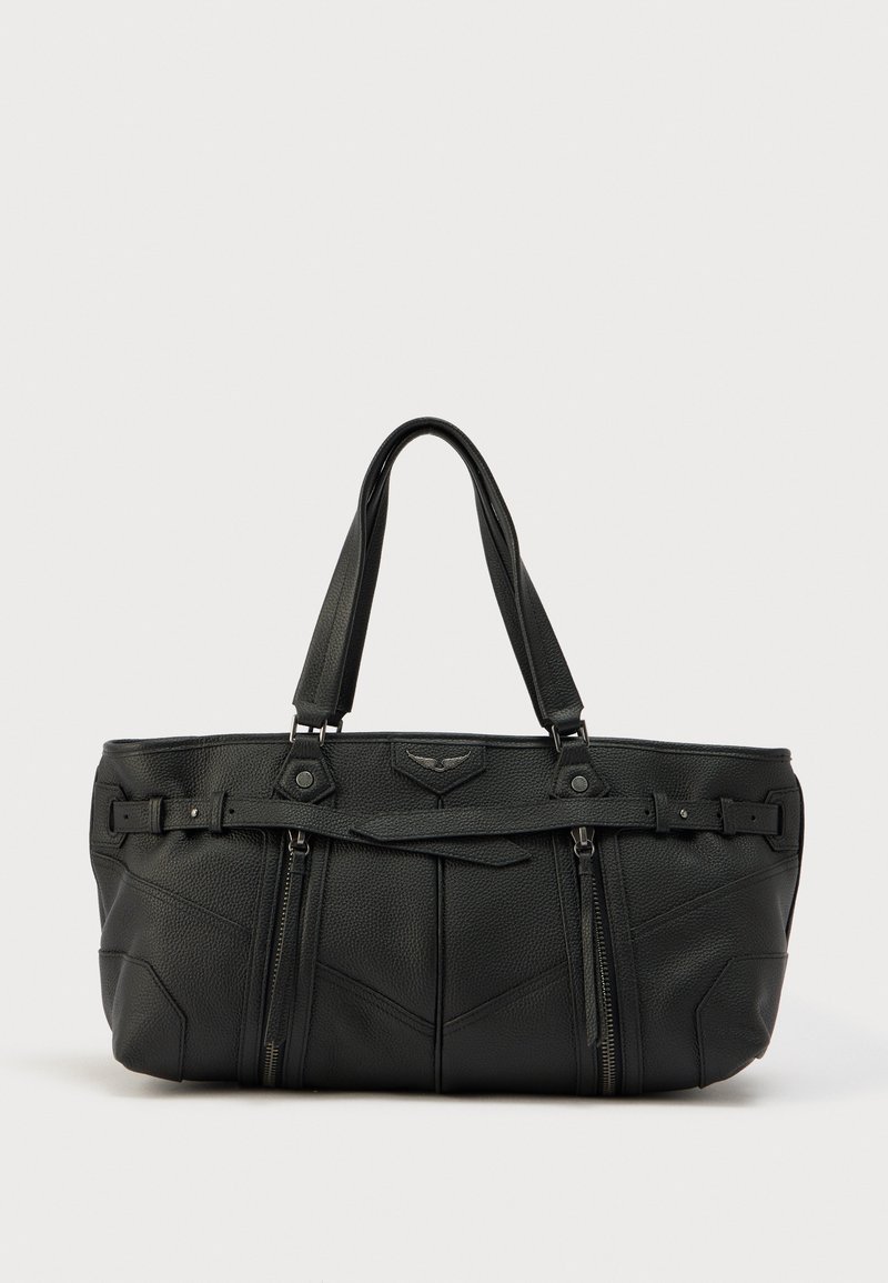 Τσάντα tote από μαύρο δέρμα με δομημένο σχεδιασμό. Διαθέτει δύο επάνω λαβές, υφασμάτινο φινίρισμα, διακοσμητικά λουράκια και δύο τσέπες με φερμουάρ.