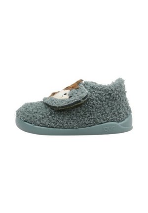 Chausson gris pour tout-petit en tissu doux et texturé, bride Velcro avec visage d'ours, et semelle en caoutchouc souple marquée "igor."