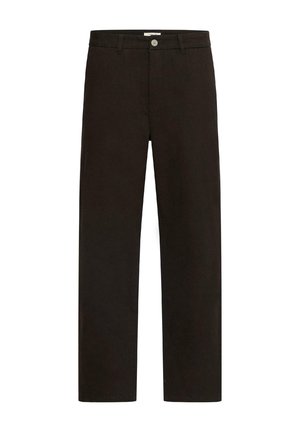 Črne bombažne hlače z ravnimi hlačnicami, z gumbnim zapiranjem in zankami za pas, gladka tekstura brez vidnih vzorcev.