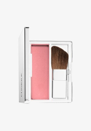 Clinique blushcompact met een rechthoekige roze blush en een klein kwastje. Heldere plastic behuizing met zilveren accenten. Zachte textuur, gladde afwerking.