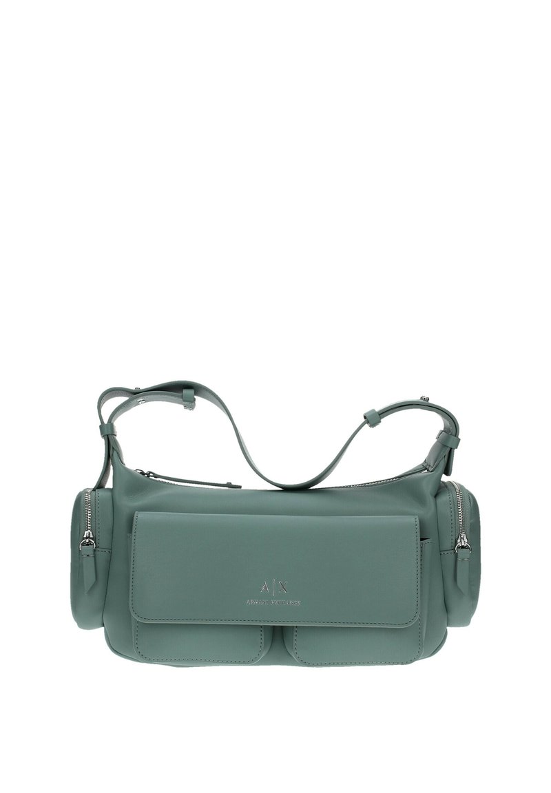 Borsa a tracolla in pelle verde con un design strutturato, dotata di due tasche frontali, chiusura con zip e spallacci regolabili.