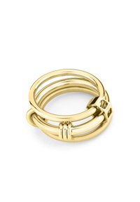 Goldfarbener Metallring mit mehreren ineinander verwobenen Bändern, strukturierten Abschnitten und einem quadratischen Akzentdetail auf einer Seite.