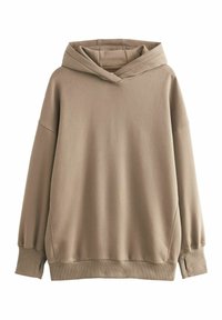 Beżowy hoodie o miękkiej fakturze, z długimi rękawami i przednią kieszenią typu kangur. Posiada szeroki dekolt oraz ściągacze przy nadgarstkach i u dołu.