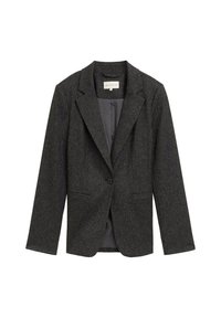 Dark gray tailored blazer with a subtle texture, single button closure, notched lapels, and two front pockets. Lined interior.