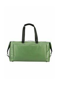 Sac de sport vert en matériau lisse et résistant à l'eau. Dispose de poignées et de matériel noir. Forme rectangulaire avec une fermeture éclair.