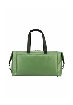 Sac de sport vert en matériau lisse et résistant à l'eau. Dispose de poignées et de matériel noir. Forme rectangulaire avec une fermeture éclair.