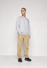 Sweatshirt cinza claro com punhos e gola canelados, combinada com calças cargo bege claro com fechos de correr, e sapatilhas desportivas pretas.