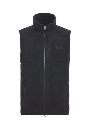 Gilet in pile nero con colletto alto, cerniera frontale completa e due tasche laterali. Tessuto strutturato con motivo sottile. Logo del marchio sul petto sinistro.