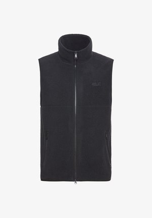 Gilet in pile nero con colletto alto, cerniera frontale completa e due tasche laterali. Tessuto strutturato con motivo sottile. Logo del marchio sul petto sinistro.