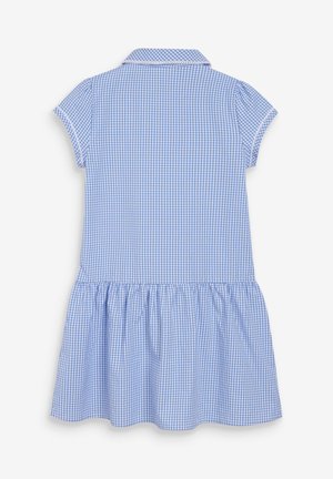 Blå ginghamklänning med korta ärmar, krage och rynkad kjol. Tillverkad av lätt tyg med rutigt mönster.