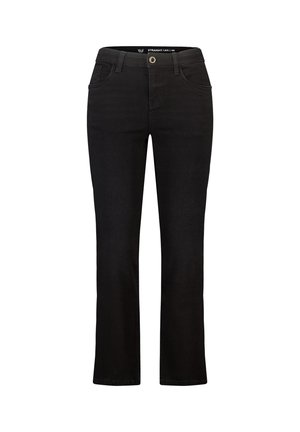 Jean noir à jambes droites avec fermeture par bouton et zip, poches avant et passants de ceinture, présenté sur fond blanc.