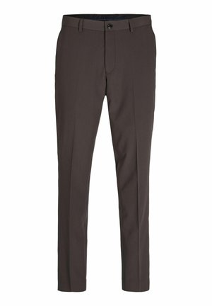 Pantaloni tailored de culoare maro închis, cu un design elegant, drepte. Caracteristici o fermoar, închidere cu nasture și plieuri frontale pentru un aspect structurat.