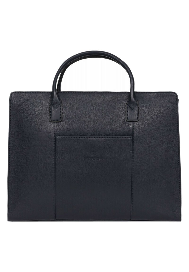 Zwarte leren handtas met dubbele handvatten aan de bovenkant, rechthoekige vorm, gestructureerd oppervlak en een voorkantzak met een subtiel logo.