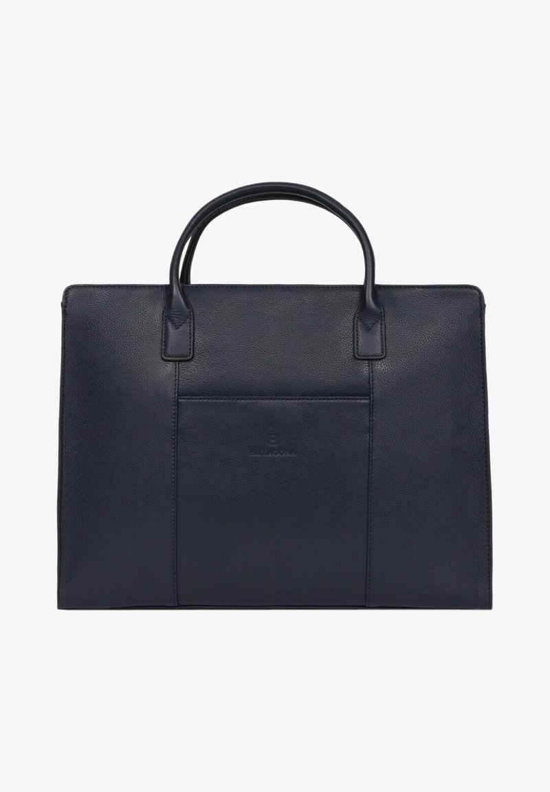 Zwarte leren handtas met dubbele handvatten aan de bovenkant, rechthoekige vorm, gestructureerd oppervlak en een voorkantzak met een subtiel logo.