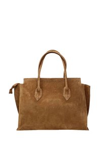 Torebka tote z zamszowej skóry o ciepłym brązowym kolorze, z dwiema okrągłymi rączkami, strukturalnym kształtem i kontrastowym szwem wzdłuż szwów.