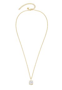 Goldene Kettenhalskette mit verstellbarem Verschluss und einem großen runden, klaren Edelsteinanhänger.