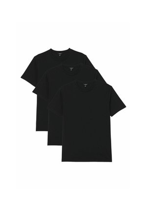 Drei schlichte schwarze T-Shirts mit kurzen Ärmeln und Rundhalsausschnitt, leicht überlappend in einer Reihe auf weißem Hintergrund angeordnet.