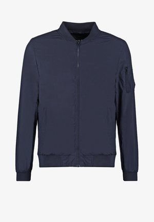 Giacca bomber blu navy realizzata in tessuto liscio, dotata di una chiusura frontale con zip, polsini a coste e una tasca con zip sulla manica sinistra.