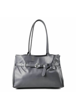 Sac à main en cuir gris avec deux longues anses et ceinture décorative avec boucle argentée à l’avant, sur fond blanc.