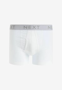 Weiße Baumwoll-Boxershorts mit einem grauen elastischen Bund, der mit "NEXT"-Branding versehen ist. Glatte Textur, taillierte Passform und Länge bis zur Mitte des Oberschenkels.
