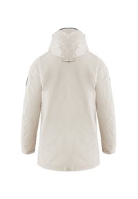 Beige bunda s kapucí, hladkým povrchem a zipovým uzávěrem, s elastickými manžetami. Zadní strana je hladká, bez viditelných vzorů nebo log.