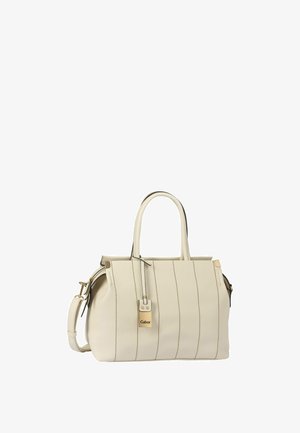 Crème kleurige leren handtas met verticale stiksels, dubbele handvatten bovenaan, afneembare schouderriem en een klein hanglabel met het merk Gabor.