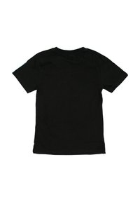 Black cotton t-shirt with short sleeves, round neck, and no visible patterns or designs. Smooth texture, simple contemporary cut.