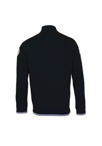 Schwarzer Pullover mit hohem Kragen, langen Ärmeln und weißem Abschluss an den Bündchen und dem Saum. Verfügt über ein Logo-Patch an der oberen linken Ärmels.