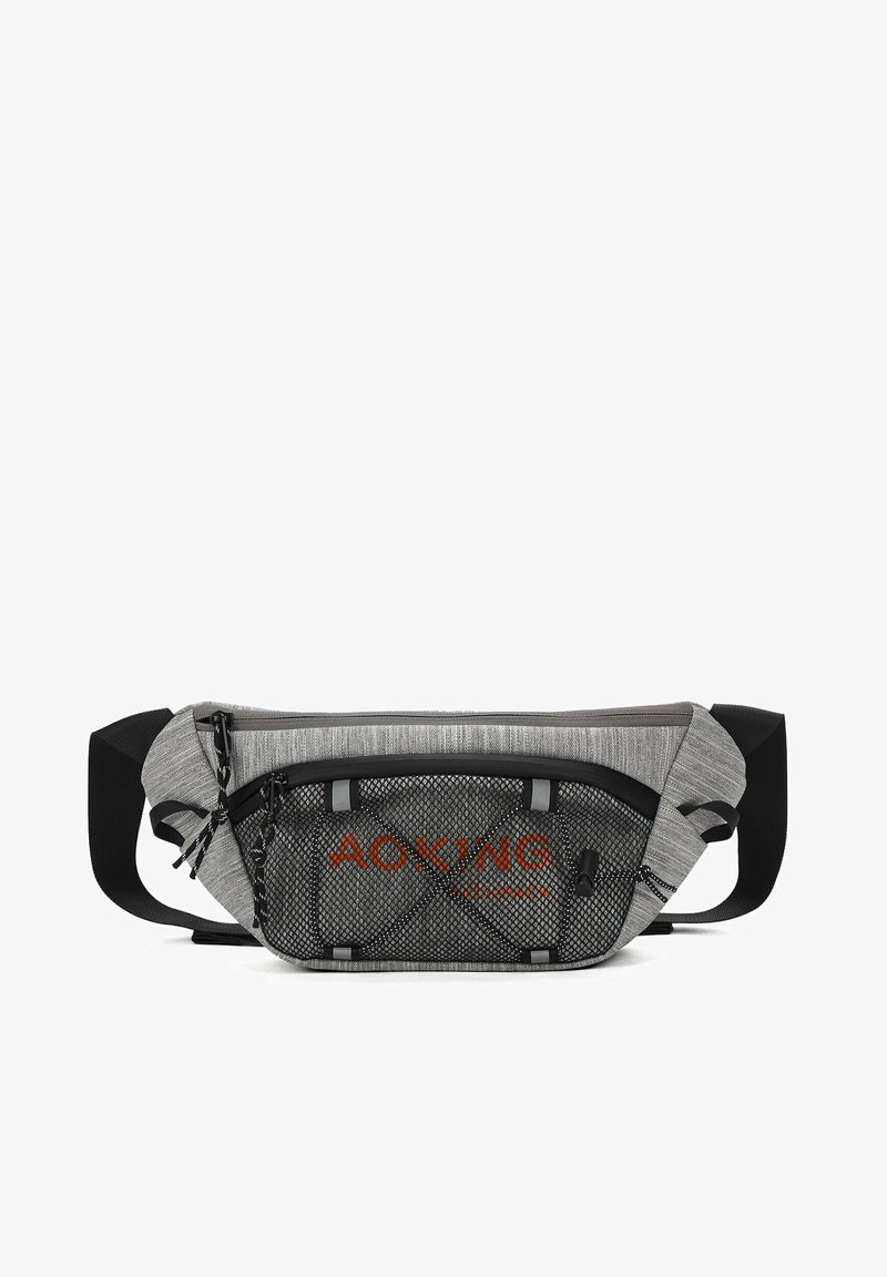 Sac banane gris avec poche avant en maille noire, sangle noire réglable, et logo orange "AOKING" sur le panneau en maille.
