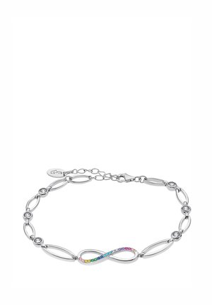 Silver bracelet featuring interlinked oval links and round accents. Centered infinity symbol adorned with colorful stones.