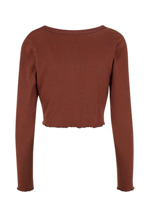 Długo-sleeve crop top z prążkowanej tkaniny w kolorze rdzy. Posiada szeroki dekolt i falbaniasty dół oraz dopasowane rękawy.