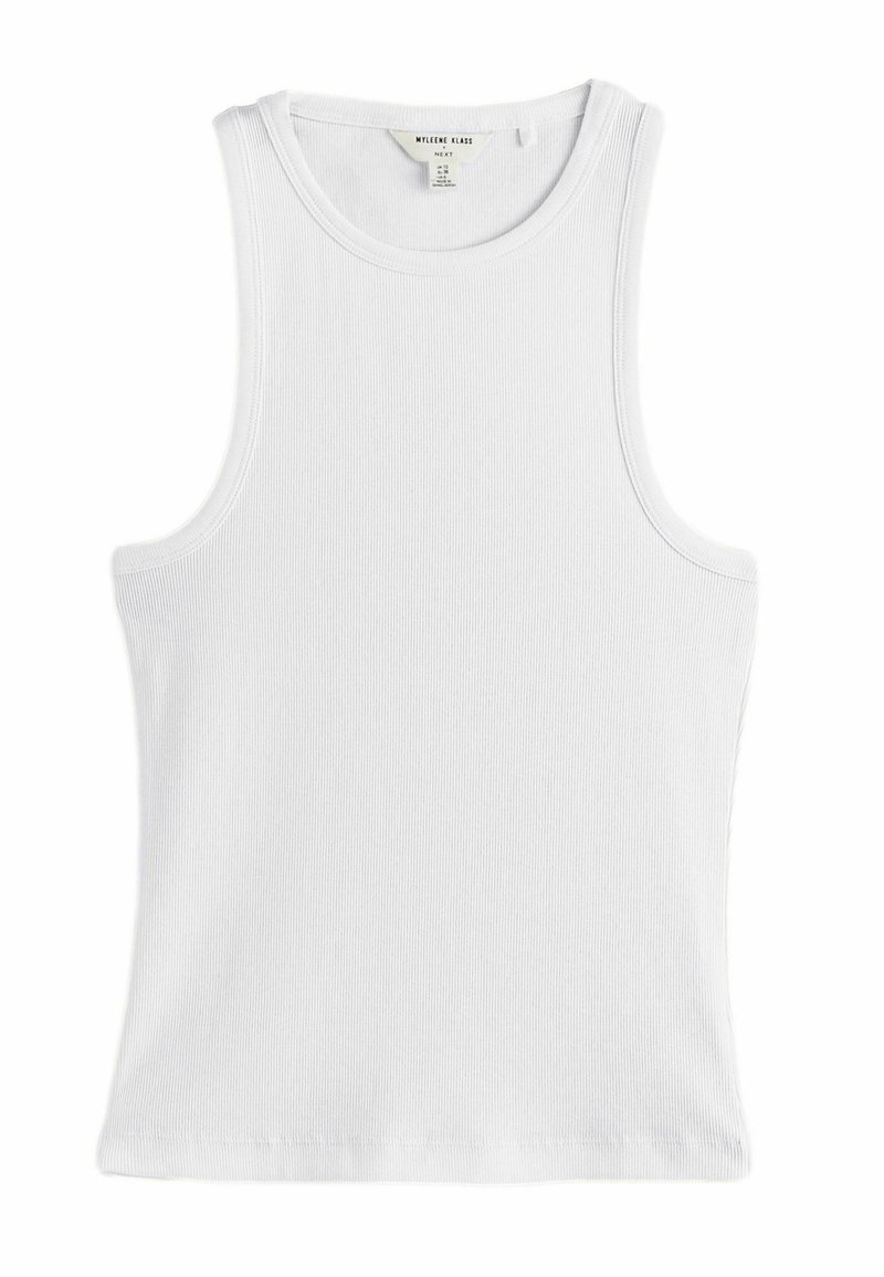 Weißes geripptes Tanktop mit rundem Ausschnitt und ohne Ärmel. Aus einem weichen Stoff gefertigt, mit einem schlichten, taillierten Design.