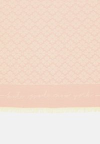 Silk scarf in light pink with a subtle floral pattern. Features a cream-colored fringe and 'kate spade new york' logo in cursive at the bottom.